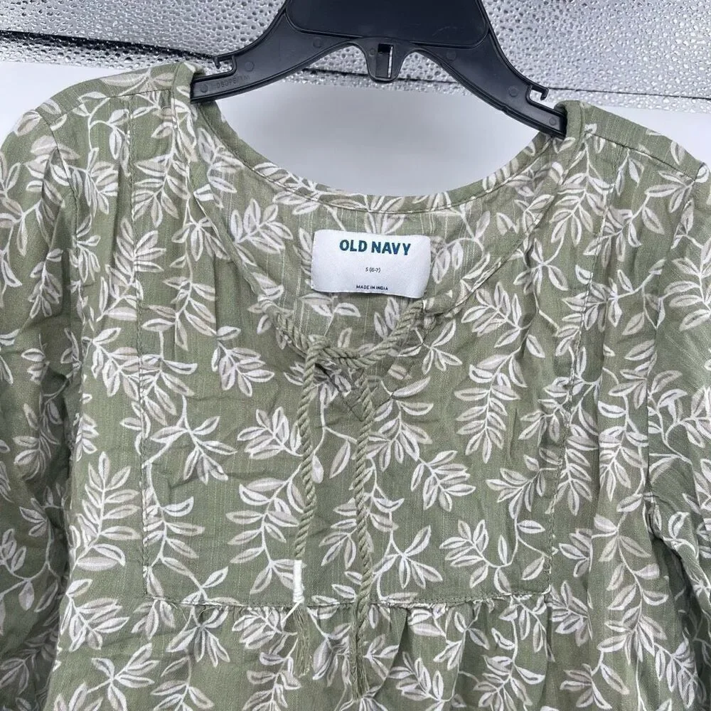 Old Navy Girl’s Olive Floral Tie-Neck Tiered-Hem Cotton Boho Blouse Size 6/7